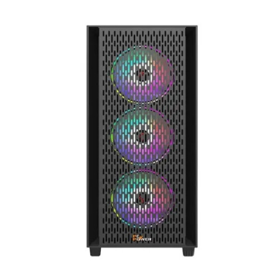PC Power Flow Dark Mesh Mid Tower ATX Gaming Casing with Power Supply